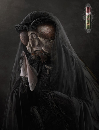 Fly insect dressed in black mourning attire, holding a tissue, dramatic lighting, and a vintage, artistic feel, with Vapi advertisement.