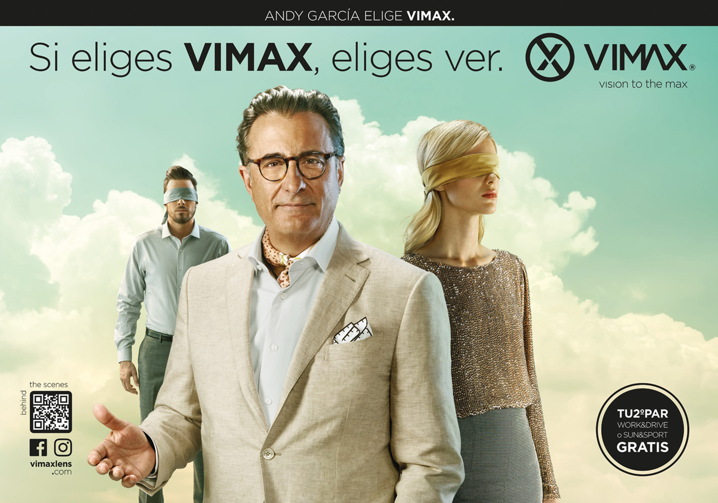 Advertisement featuring Andy Garcia for Vimax, with a man and woman with blindfolds, set against a sky background.