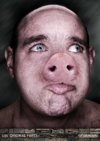 Photo composite features adult male with a pig nose and mottled skin. A textured background with text 'USE ORIGINAL PARTS' and Honda logo.
