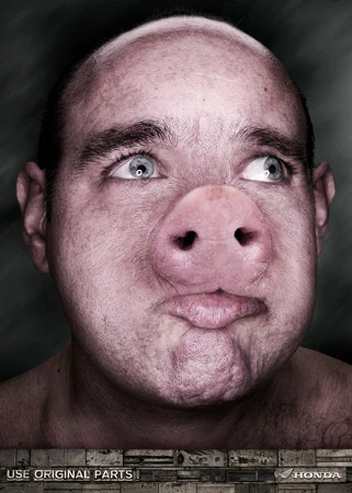 Photo composite features adult male with a pig nose and mottled skin.  A textured background with text 'USE ORIGINAL PARTS' and Honda logo.