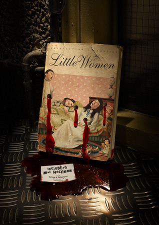 Vintage book cover of 'Little Women' with simulated blood drips, creating a crime scene effect on a metallic surface. 