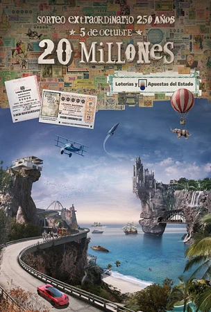 Fantasy island landscape featuring vintage lottery tickets, classic airplane, red sports car, and hot air balloon with elephant.