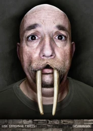 Close-up portrait of a bald man manipulated to feature walrus tusks and whiskers, photographed by Garrigosa.