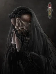 Close-up portrait of a anthropomorphic housefly wearing a black mourning veil and holding a small white handkerchief