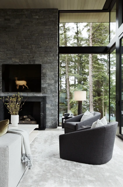 Living room interior showcasing gray armchairs, a fireplace with a TV above, and a large window with a forest view.