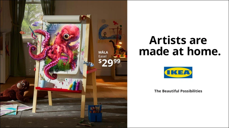 Illustration of a pink octopus painting on an easel in a child's room with drawing supplies, a stuffed animal, and a window.