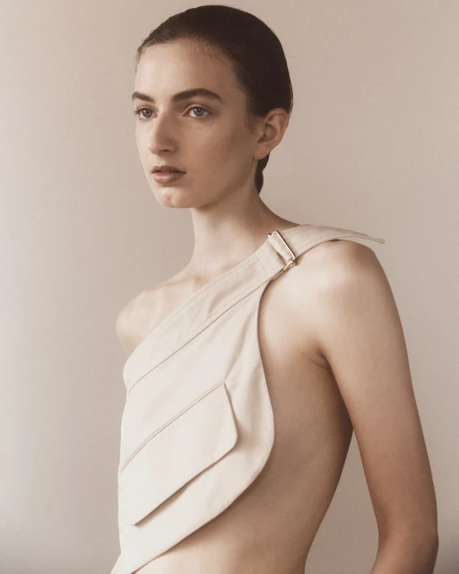 Close-up studio shot of a young woman wearing a beige asymmetrical top, gazing off-camera. The lighting is soft and diffused.