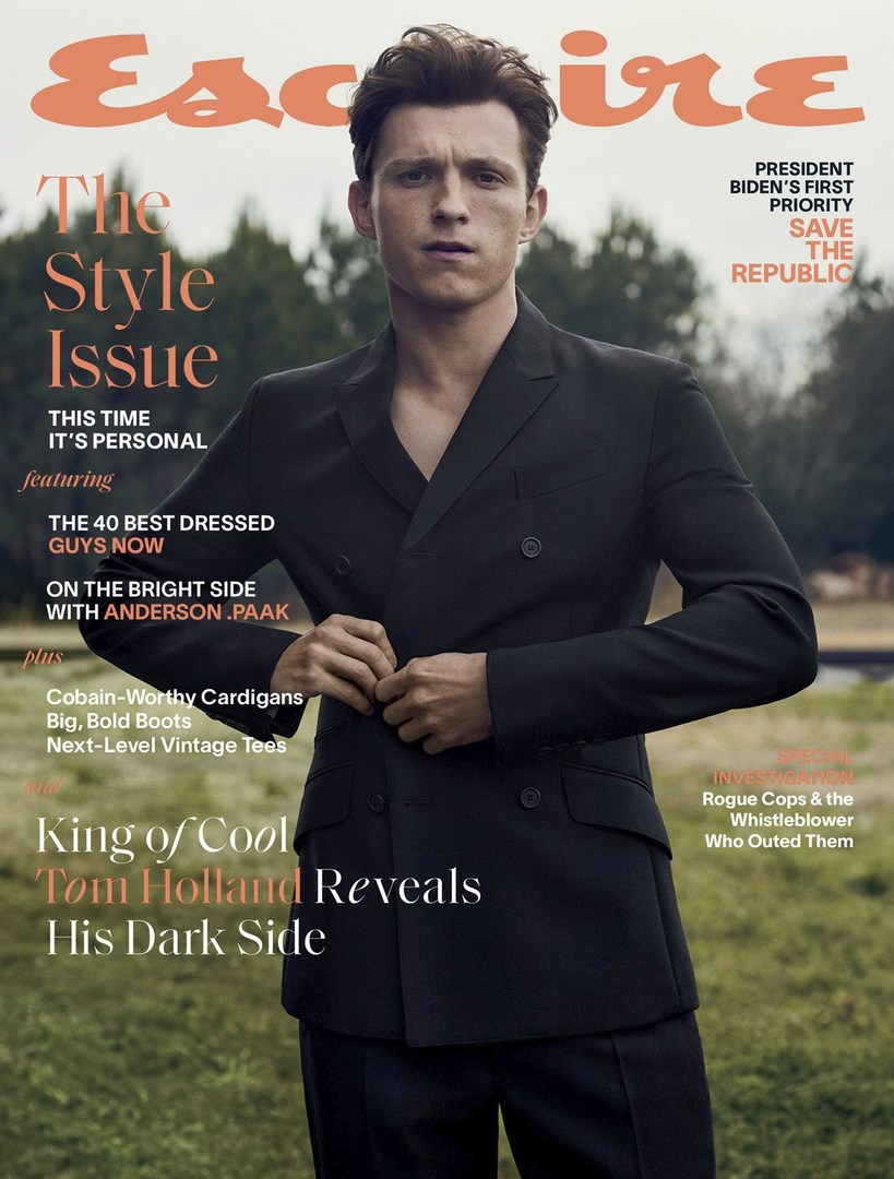 Magazine cover featuring Tom Holland in a dark suit against an outdoor backdrop, highlighting 'The Style Issue' of Esquire.