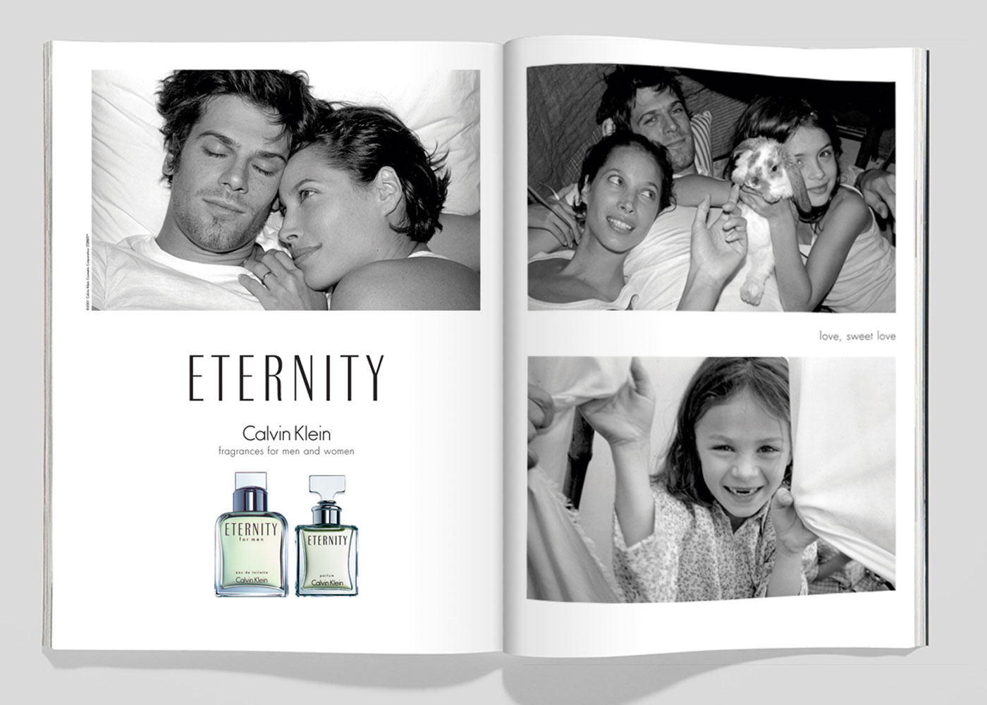 Black and white Calvin Klein ad shows a couple embracing, another family image, and a smiling child, all surrounding perfume bottles.