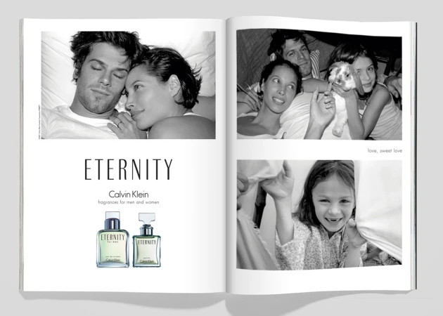 Black and white Calvin Klein ad shows a couple embracing, another family image, and a smiling child, all surrounding perfume bottles.