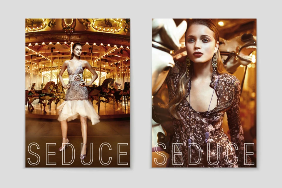 Two fashion ads featuring a woman in a dress with a carousel background and a woman in a floral blouse with a carousel horse.