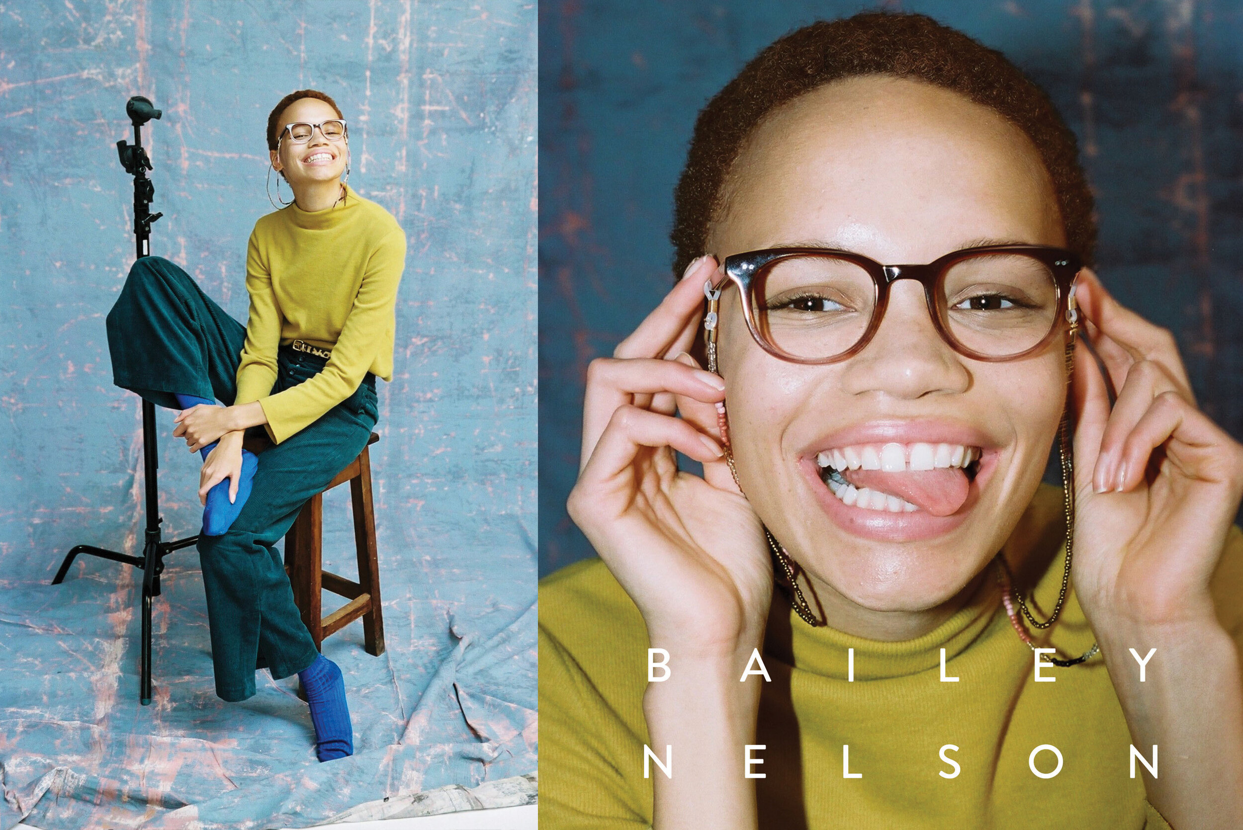 Portrait of Bailey Nelson wearing glasses, sitting on a stool in a photo studio with textured backdrop and professional lighting equipment.