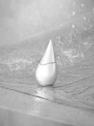 Silver teardrop perfume bottle resting on a wet metallic surface amidst falling water droplets.