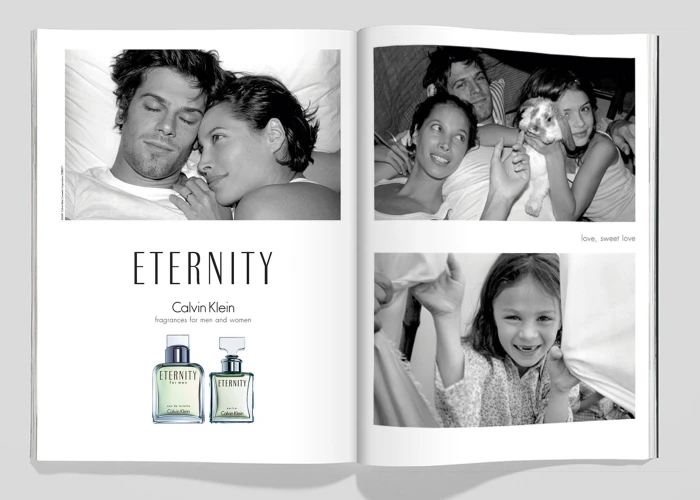 Magazine spread featuring Calvin Klein Eternity fragrance bottles alongside black-and-white photographs of a couple and family.