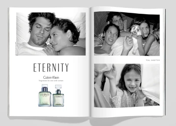 Magazine spread featuring Calvin Klein Eternity fragrance bottles alongside black-and-white photographs of a couple and family.