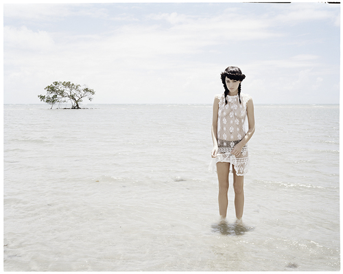 A woman in a lace dress stands in ocean water near a small island with a single tree under a bright sky. Light, desaturated tones.