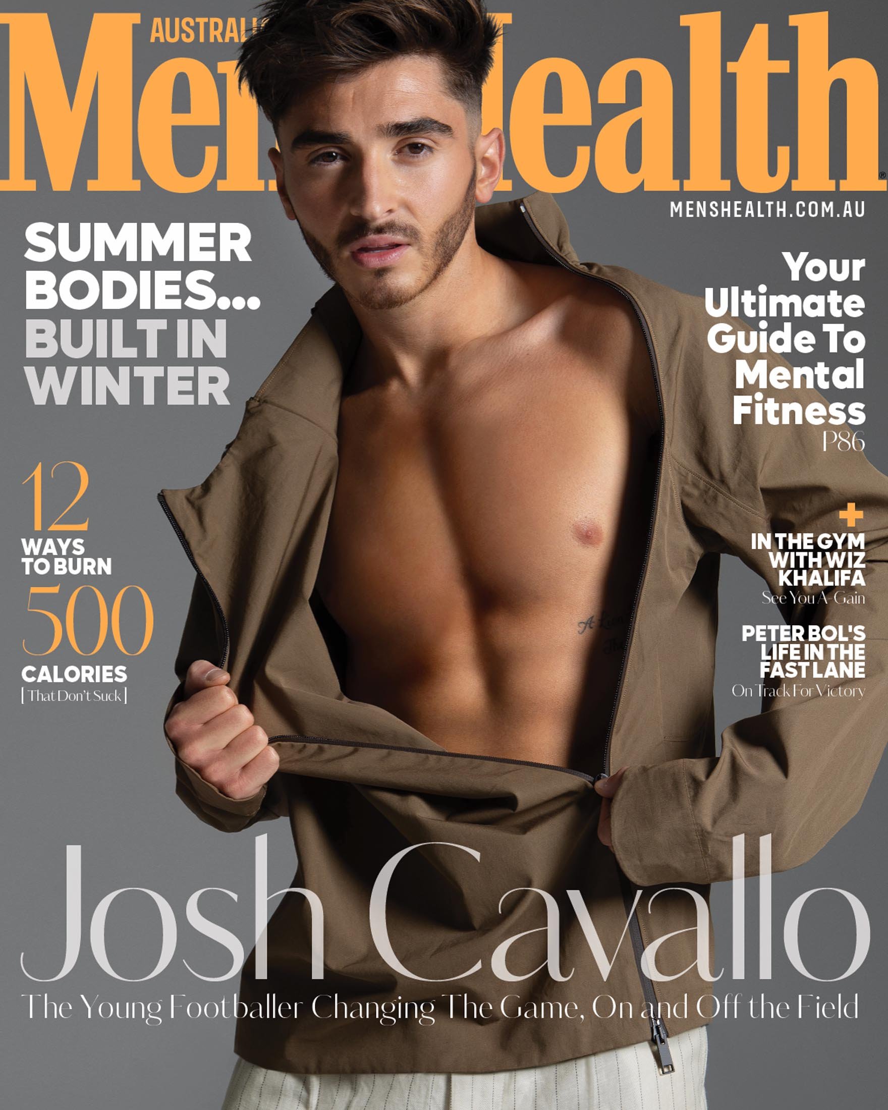 Men's Health magazine cover featuring shirtless Josh Cavallo wearing an open jacket, set against a gray background. Summer bodies, mental fitness.