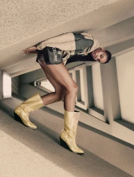 A woman posing in a rotated architectural concrete corridor wearing metallic gold boots and carrying a Celine handbag.