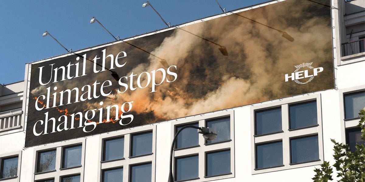 Billboard on a building featuring a climate change message with smoke and fire imagery, and the word HELP in white letters.