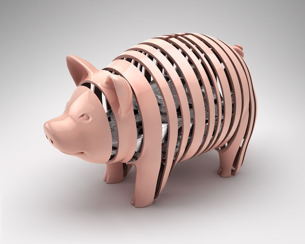Pink pig-shaped coin bank with sliced design and shiny coins visible through the slats, set against a plain white background.