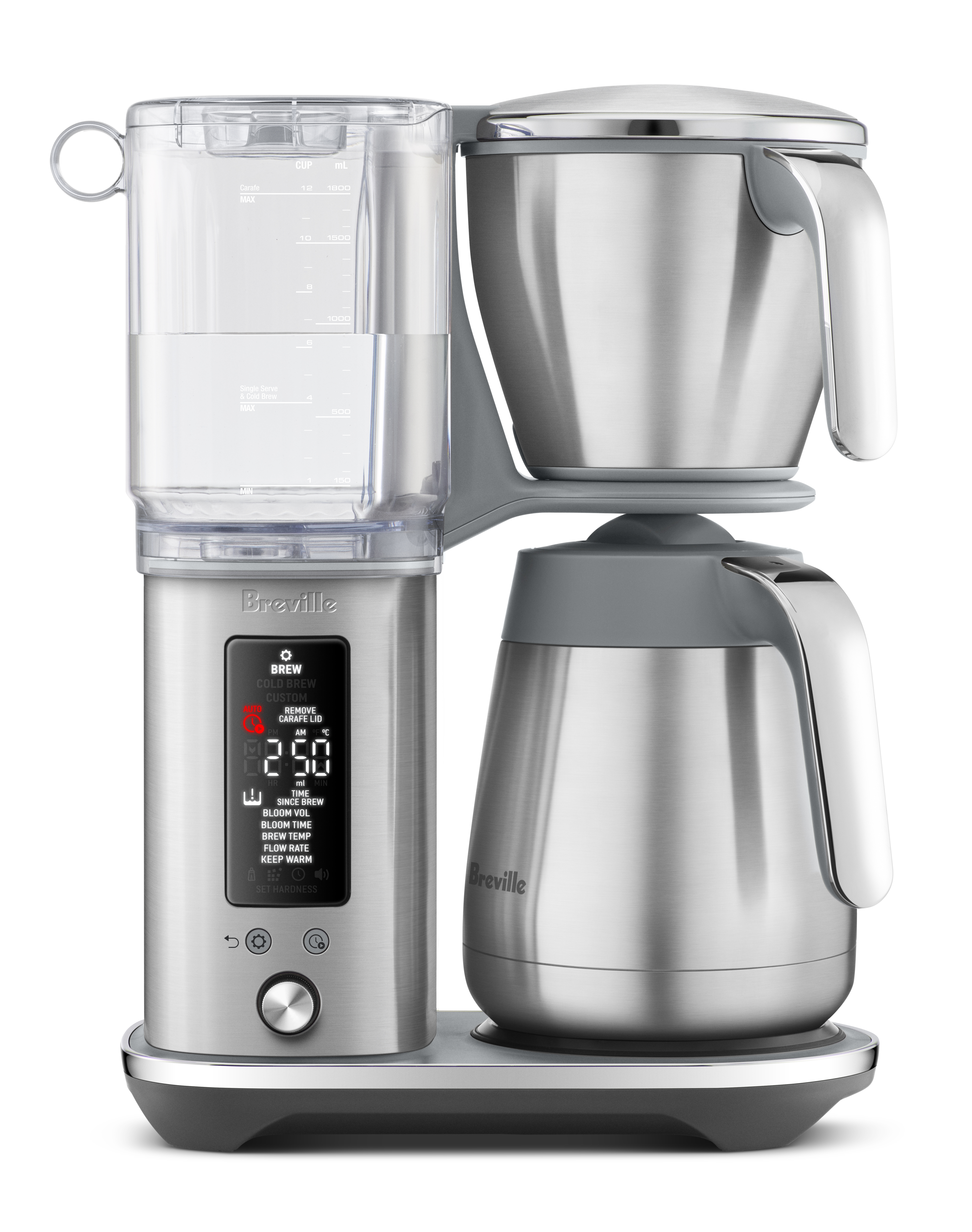 Stainless steel Breville coffee maker featuring a water reservoir, digital display, and a carafe. It stands on a dark base.
