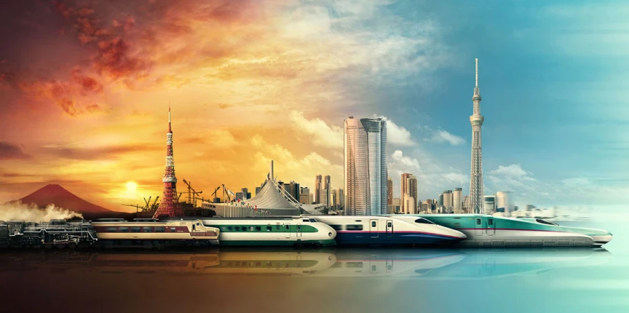 City skyline of Tokyo, Japan with various bullet trains in the foreground, set against a colourful sunset and blue sky backdrop.