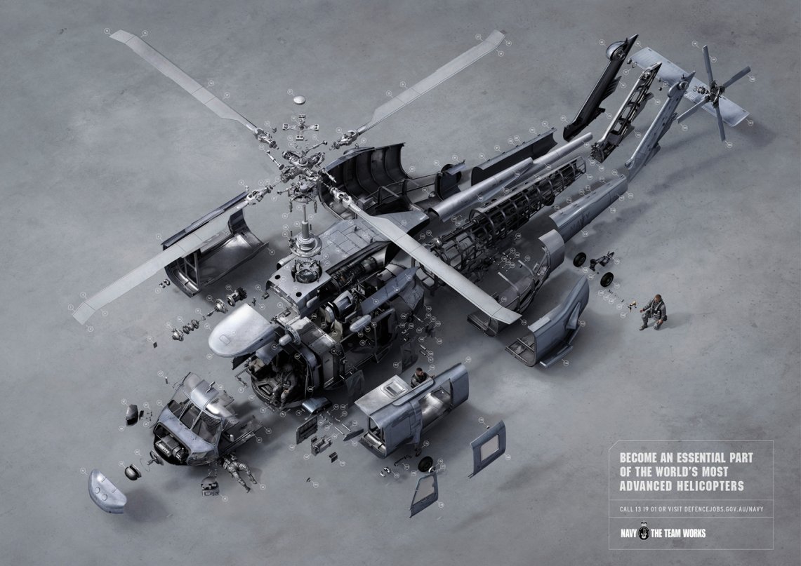Deconstructed helicopter illustration showcases its intricate components and the team working behind the scenes on a neutral background.
