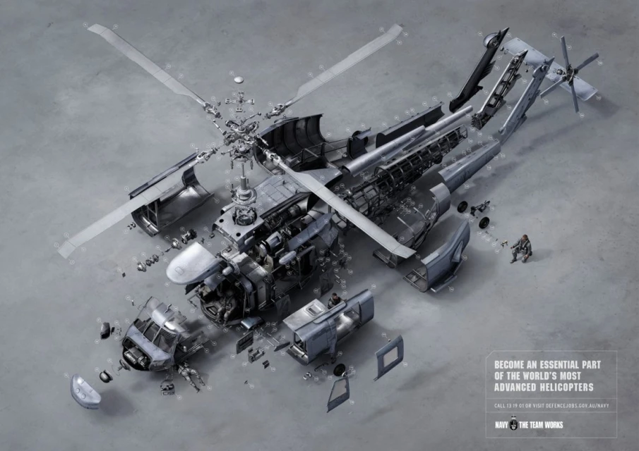 Deconstructed helicopter illustration showcases its intricate components and the team working behind the scenes on a neutral background.