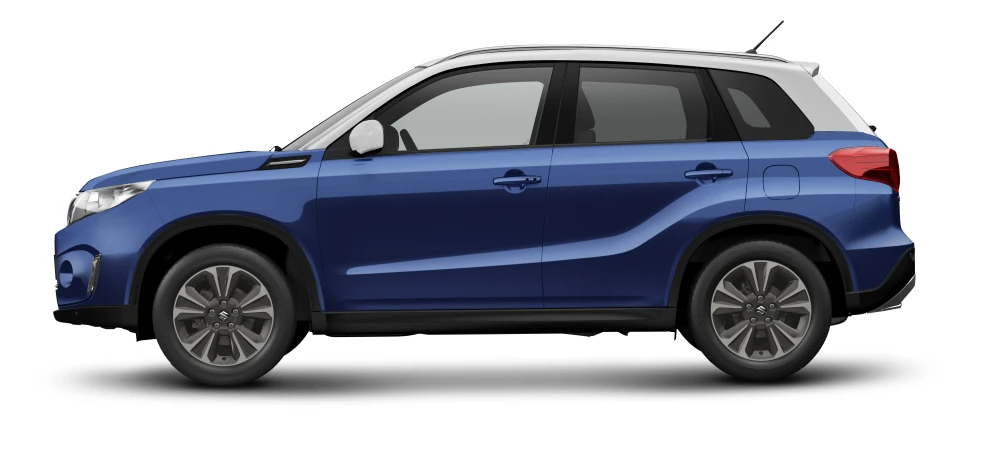 Blue and white Suzuki Vitara SUV with grey wheels is shown in a studio shot against a white background with soft shadows.