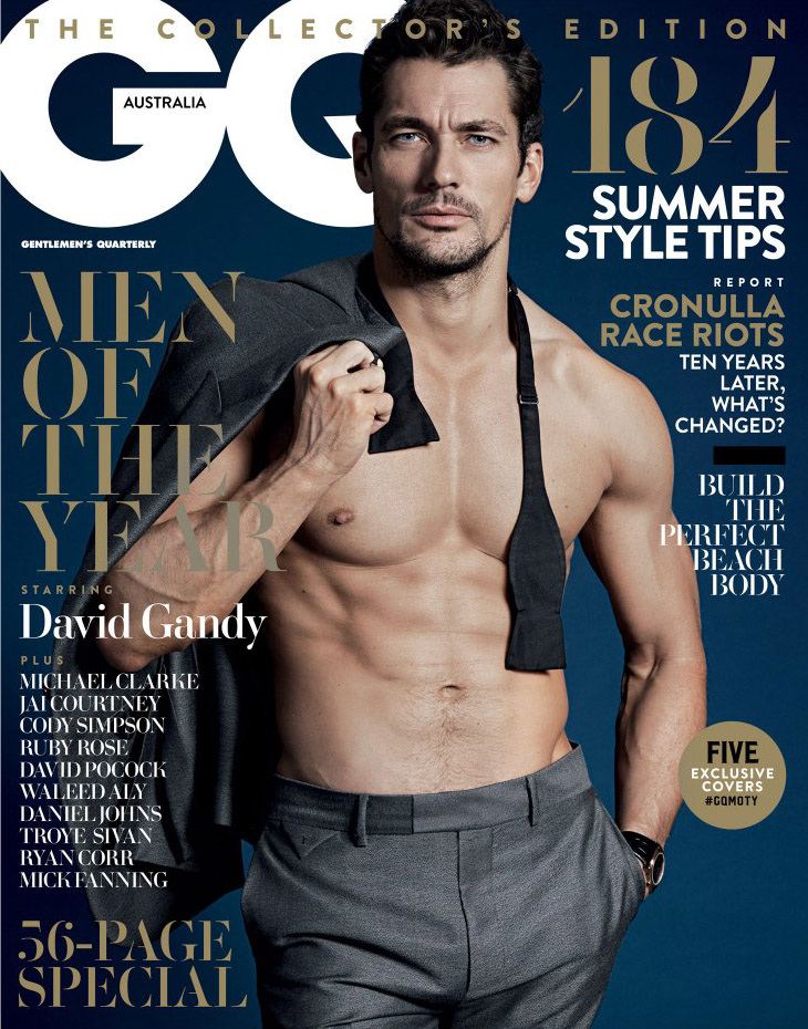 Magazine cover featuring David Gandy, shirtless, wearing grey pants and holding a jacket. GQ Australia, summer style tips.