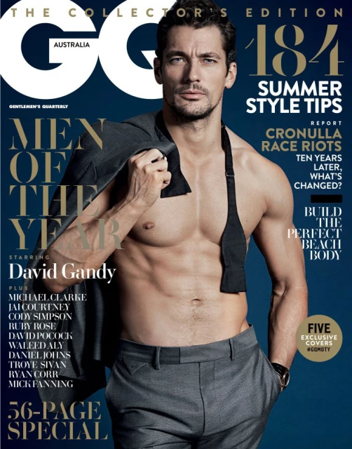 Magazine cover featuring David Gandy, shirtless, wearing grey pants and holding a jacket. GQ Australia, summer style tips.