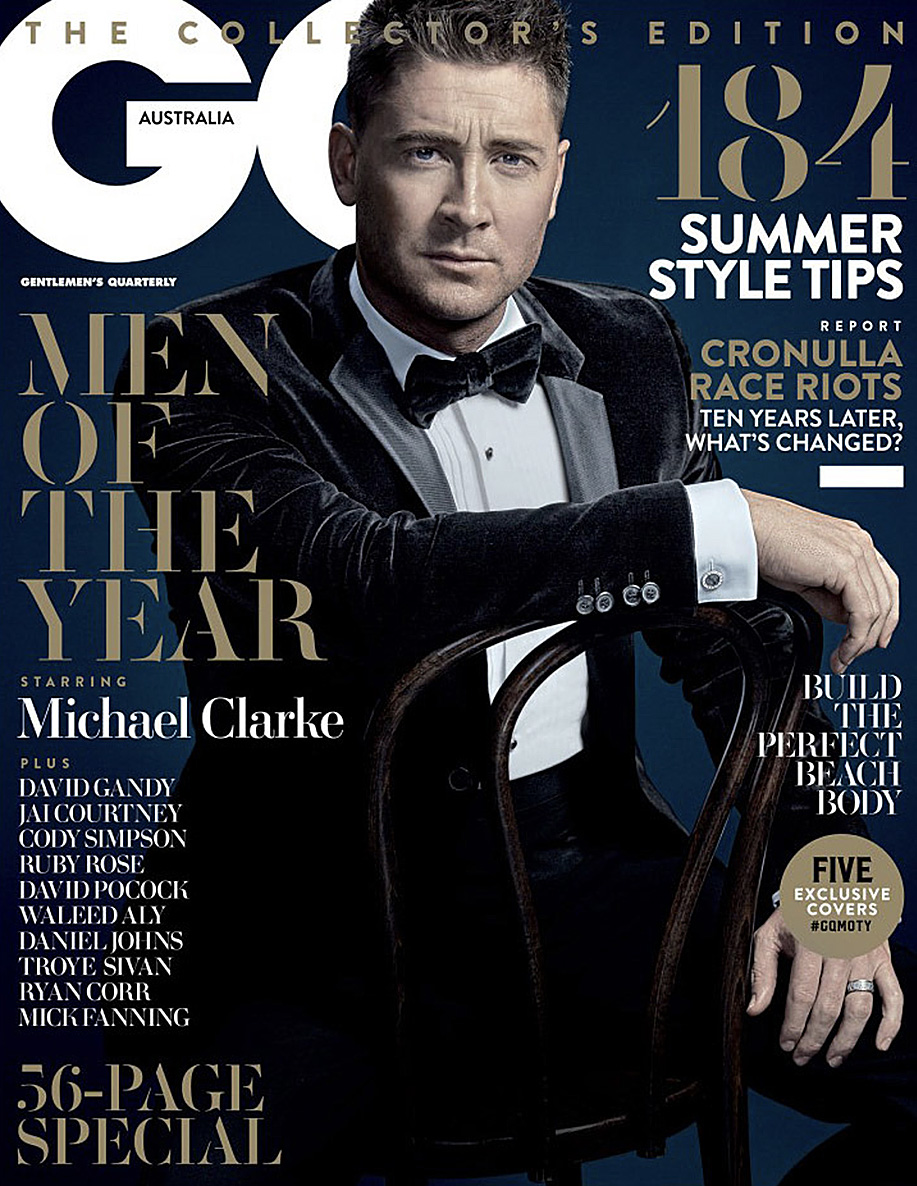 Michael Clarke on GQ Australia cover, in velvet suit, seated. Magazine features articles on summer style tips and Cronulla race riots.