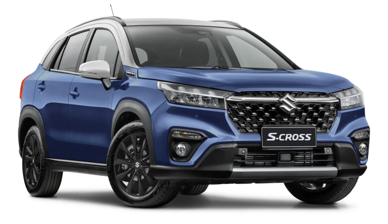Blue Suzuki S-Cross SUV on a white background, showcasing its modern design and features, with black wheels and silver roof accents.