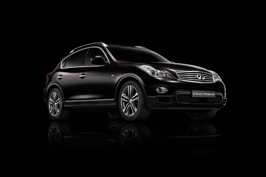Sleek black Infiniti EX Black Premium SUV car showcased in a product shot, with polished wheels and a modern design against a dark backdrop.