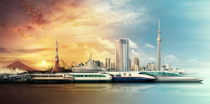 Panoramic view of a modern city skyline and various passenger trains lined up under a dramatic sunset sky.