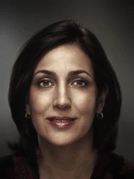 Close-up portrait of a mature woman with dark hair and brown eyes looking directly at the camera against a dark studio background