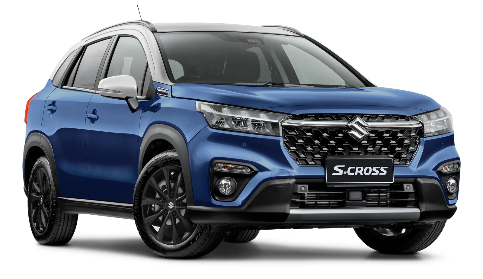 Blue and white Suzuki S-Cross crossover car parked against a pure white background