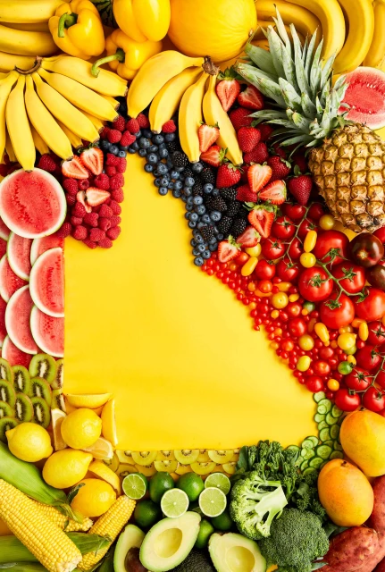 Overhead shot of assorted fresh fruits and vegetables arranged around a bright yellow backdrop, showcasing a colorful variety of produce.