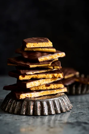 A stack of chocolate-covered honeycomb candy pieces on a metal pedestal, with another pedestal in the background, against a dark backdrop.