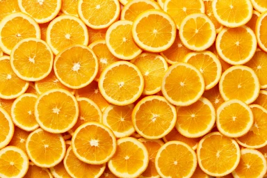 A vibrant flat lay of overlapping sliced oranges showing detailed segmented flesh and white pith.
