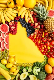 Flat lay of colorful fresh fruits and vegetables arranged in a border around a bright yellow background space.