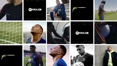 Various promotional shots of Kylian Mbappe for FIFA 22 video game, featuring the athlete in both studio and in-game environments.