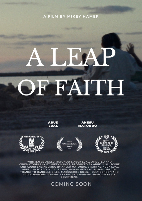 Film poster for 'A Leap of Faith' showing a figure at dusk near water, against a backdrop of sandy terrain and distant landforms.
