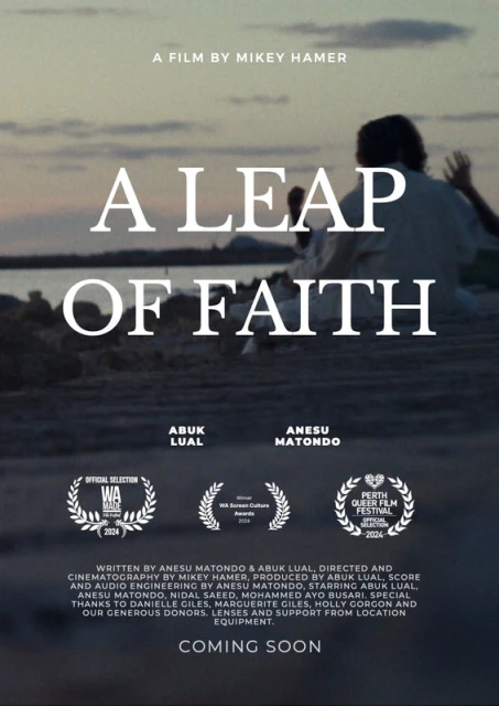Film poster for 'A Leap of Faith' showing a figure at dusk near water, against a backdrop of sandy terrain and distant landforms.