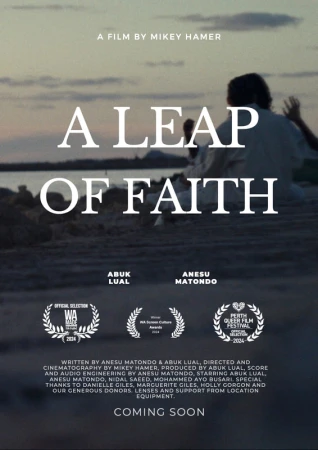 Film poster for 'A Leap of Faith' showing a figure at dusk near water, against a backdrop of sandy terrain and distant landforms.