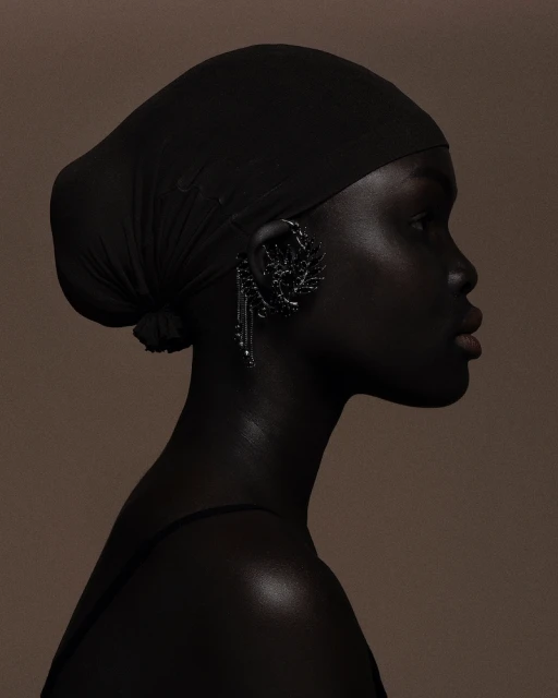 Profile portrait of a dark-skinned woman wearing a headscarf and ornate earring, set against a neutral-toned background.