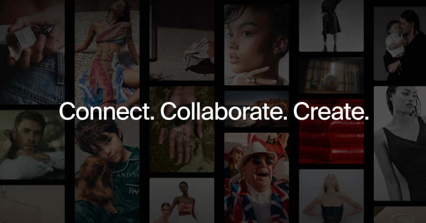 Collage of diverse stock photos displaying various people, poses, objects, and environments, set against a dark backdrop.