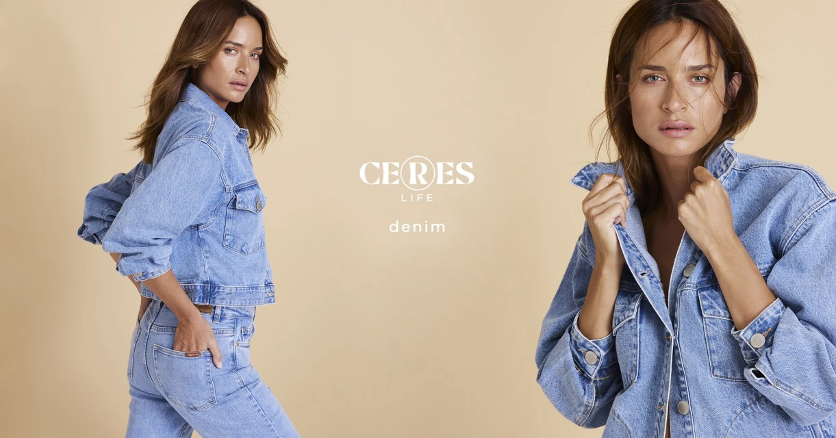 Two views of a woman in denim jacket and jeans against a tan background, promoting Ceres Life denim fashion collection.