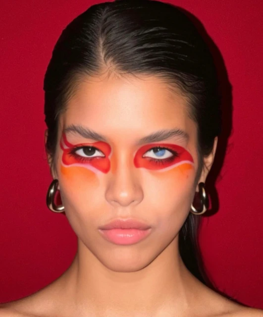 Portrait of a woman with vibrant red and orange makeup around her eyes, showcasing heterochromia, wearing gold hoop earrings against a red backdrop.