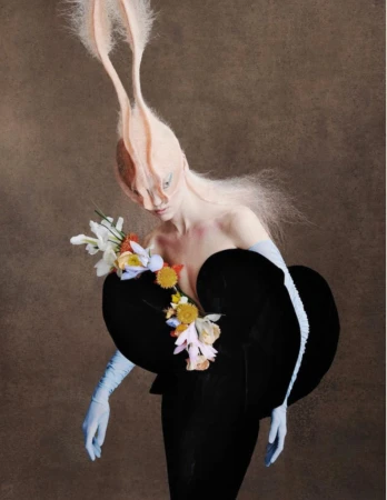 Model wearing a black sculptural top with floral arrangement and elaborate prosthetic headdress with long ears.